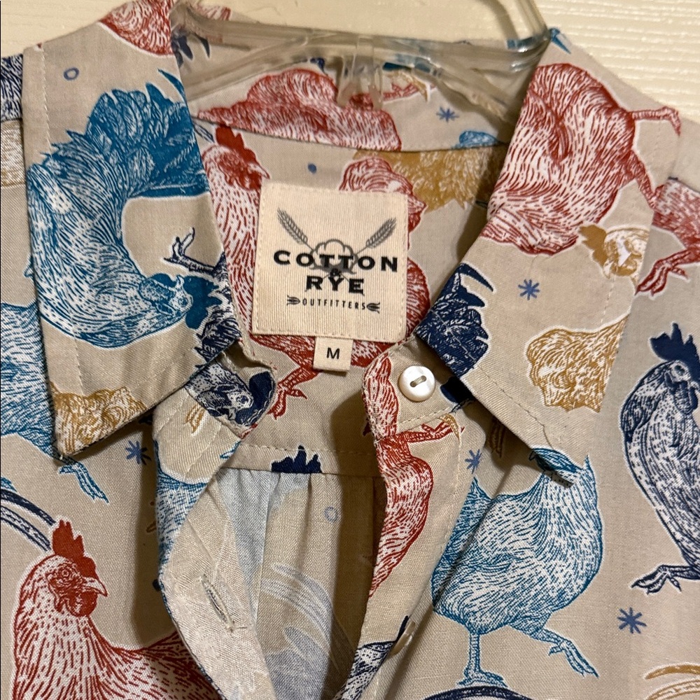 Rye Cream Button-Down Shirt with Red, Blue & Gold Rooster Print - Picture 2 of 3